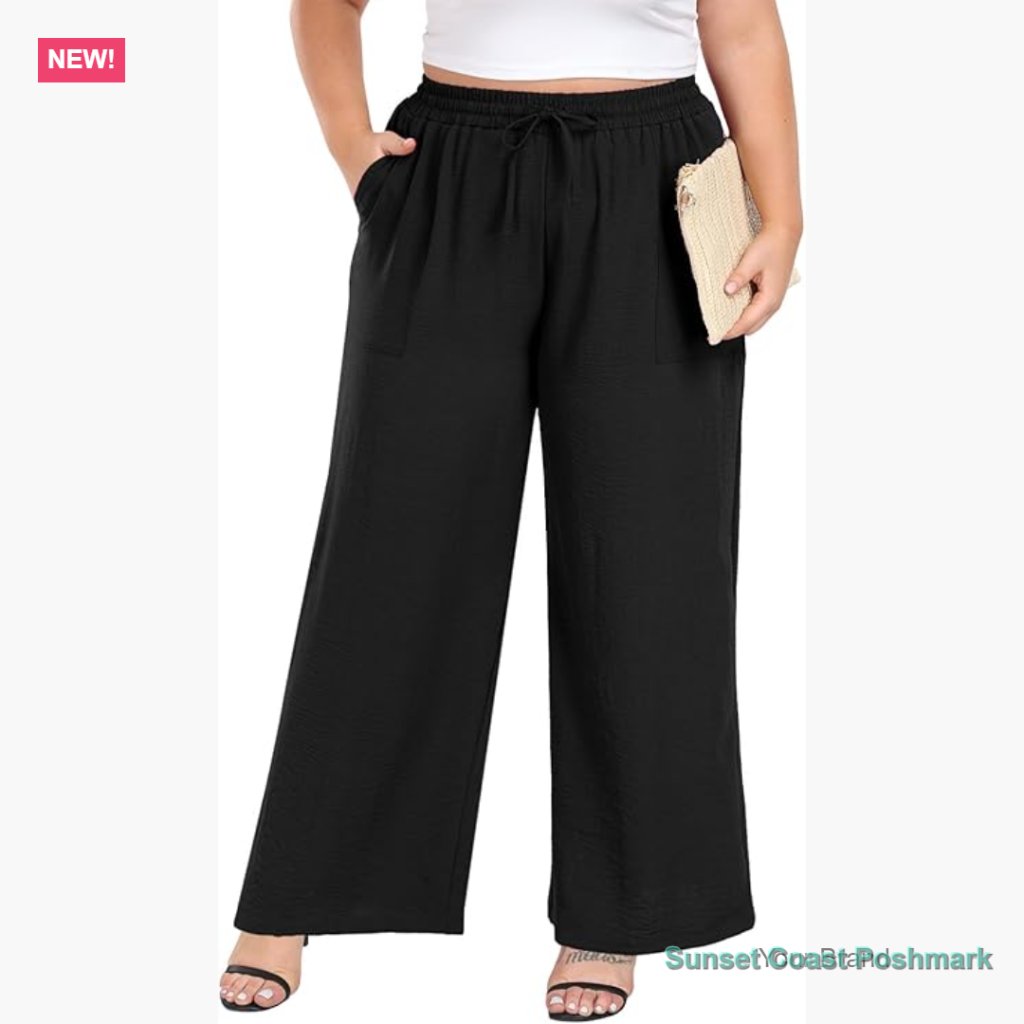 High Waist Wide Leg Palazzo Pants With Pockets, 100% Polyester